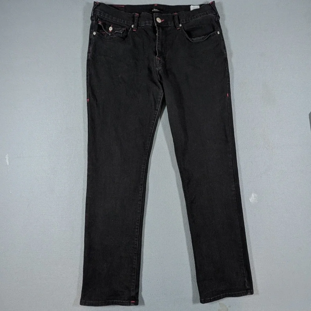 True Religion Ricky Relaxed Straight Jeans Mens 36 Black Red Stitch Denim